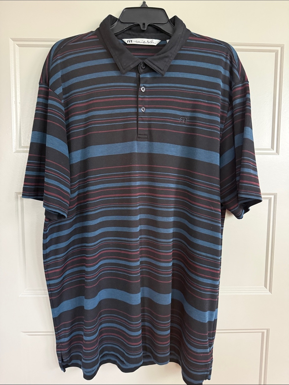 Travis Mathew Men's Striped Polo Shirt in Black, Blue & Burgundy
